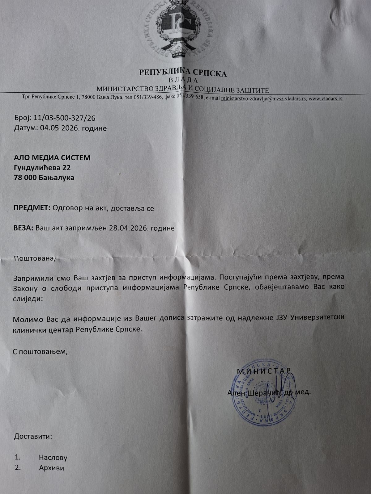 Odgovor Ministarstva zdravlja i socijalne za&scaron;tite RS