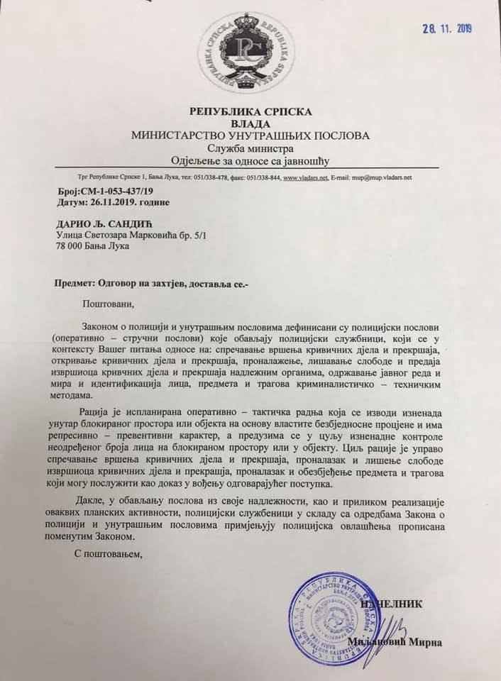 Odgovor MUP-a RS 