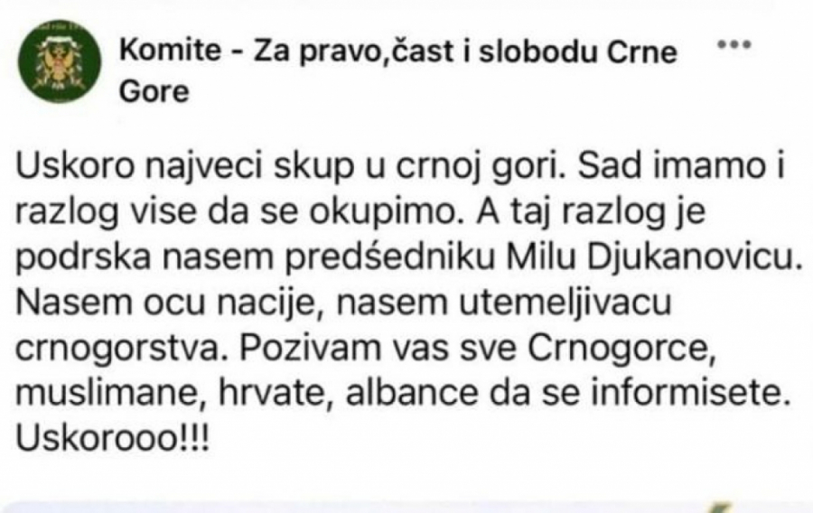 KOMITE NAJAVLJUJU NOVO USTAŠKO ORGIJANJE "Podrška našem ocu nacije, našem Milu Đukanoviću"