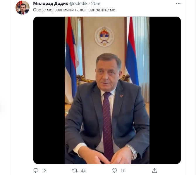 OVO JE MOJ ZVANIČNI NALOG, ZAPRATITE ME: Milorad Dodik od danas na Tviteru, pogledajte koga je prvo zapratio