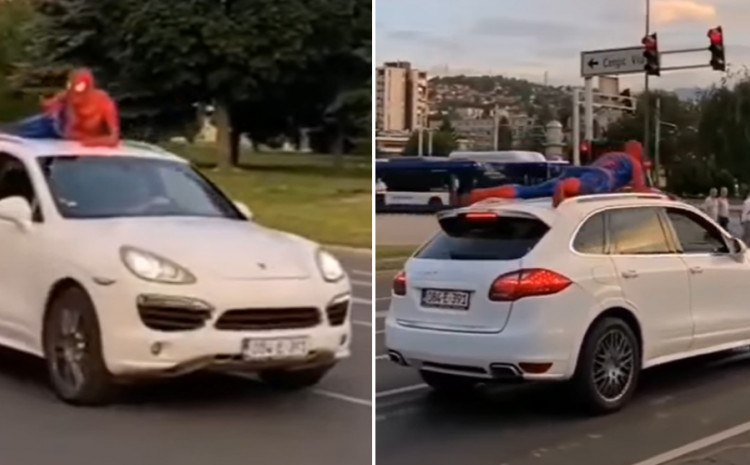 ČEKALI GA DA SE VRATI SA MORA Otkriven Spajdermen koji se vozio na krovu Poršea u Sarajevu, kažnjen s 400 KM