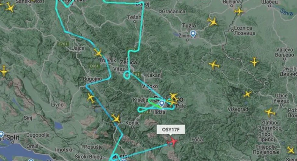 VOJNI AVION KRUŽIO IZNAD BIH Poletio je iz Sarajeva, a ovo mu je bila putanja