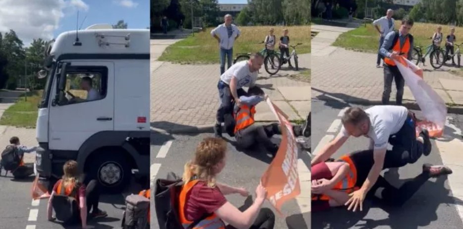 HAOS U NJEMAČKOJ Vozač kamiona izgubio strpljenje pa prebio klimatske aktiviste koji su blokirali put (VIDEO)