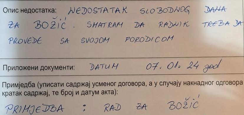 (FOTO) "RADNIK ZA BOŽIĆ TREBA BITI SA SVOJOM PORODICOM" Društvenim mrežama se širi reklamacija: Banjalučanin uputio apel "gazdama" za neradni dan