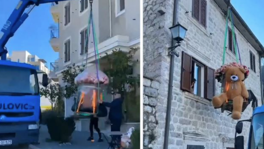 (VIDEO) "POLA CRNE GORE OSTALO JE BEZ CVIJEĆA" Dečko za Dan zaljubljenih djevojci dizalicom uručio ogroman buket cvijeća
