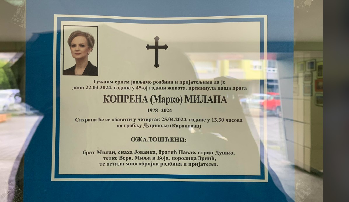 SVI SE OPRAŠTAJU OD STRADALE PEDAGOGICE Objavljena smrtovnica Milane Koprene (46)