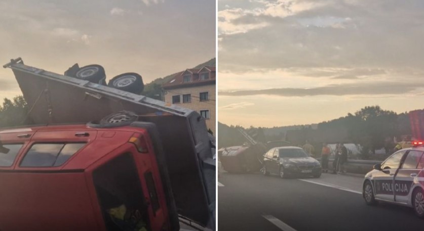 NESREĆA NA AUTO-PUTU KOD SARAJEVA Prevrnula se prikolica s vozilom, blokirana jedna traka