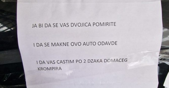 (FOTO) „ČASTIM VAS SA DVA DŽAKA KROMPIRA“ Komšijska svađa zbog parkiranja zapalila društvene mreže: Crnogorac, Beograđanin i Bosanac koji riješava problem?