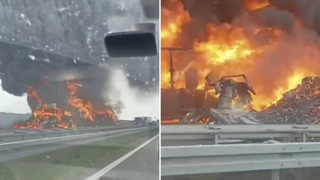 Težak sudar kamiona na auto-putu kod Beograda: Vozila potpuno izgorjela (VIDEO)