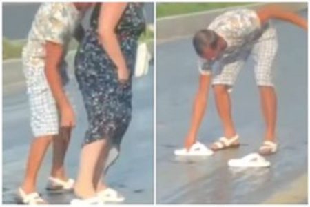 ZEMLJA GORI, OBUĆA SE TOPI Bračni par iz Holandije pokušava preći preko vrelog asfalta, ne znaju šta ih je snašlo (VIDEO)