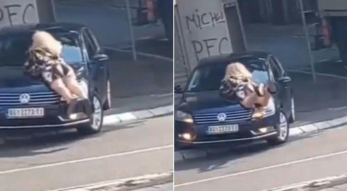 GORE DRUŠTVENE MREŽE Plavuša se popela na haubu automobila u pokretu (VIDEO)