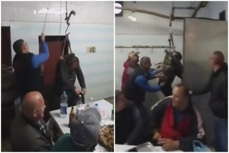 MESARI SE ZABAVLJAJU, NAROD SE KRSTI! Pijanog kolegu privezanog za kuku za transport mesa „prebacili“ u hladnjaču (VIDEO)
