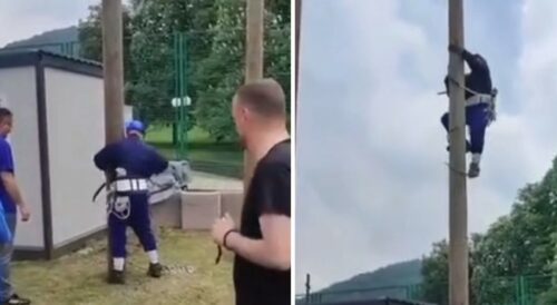 RADNIČKE IGRE POŠLE PO ZLU Radnik Elektrokrajine pao sa bandere, kolege ga snimile (VIDEO)