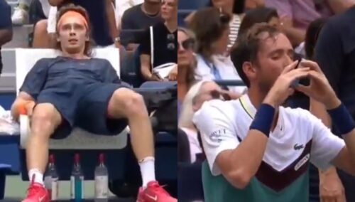 MEDVEDEV TRAŽIO PUMPICU, A RUBLJOV OKUPAN U ZNOJU Pogledajte kako su se dvojica tenisera borila sa žestokom vrućinom na US Openu (VIDEO)